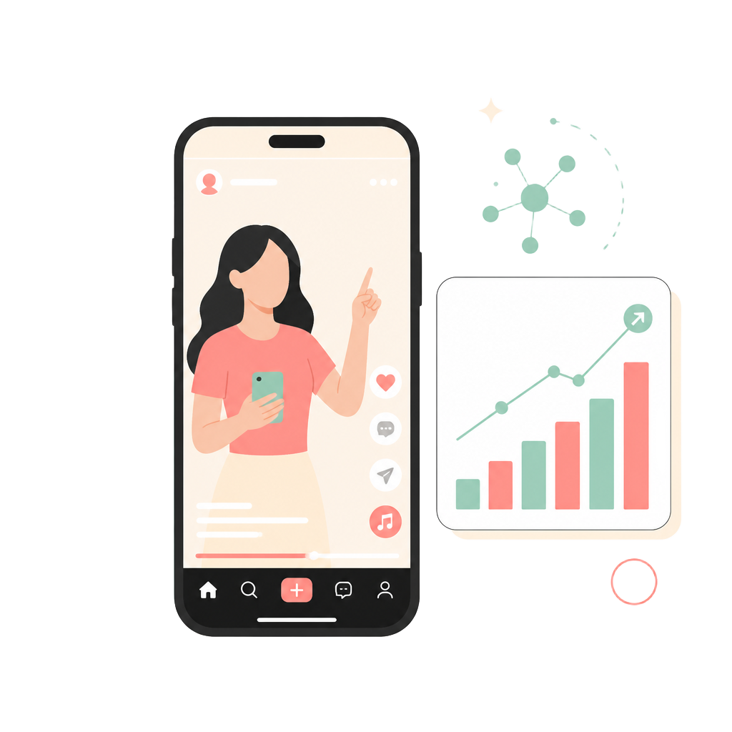 Ilustração de análise de vídeos do TikTok com gráficos de crescimento e inteligência artificial